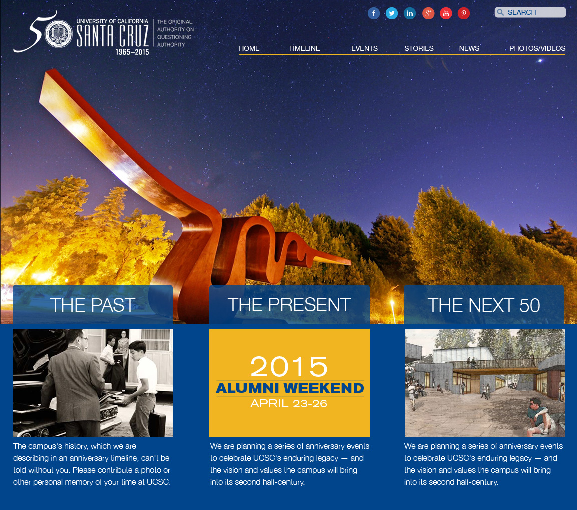 A website to celebrate University of California Santa Cruz 50th years Anniversary.